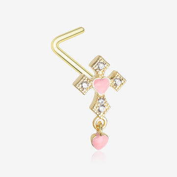 Golden Cross Sparkle Baby Heart Dangle L-Shaped Nose Ring-Clear Gem/Pink